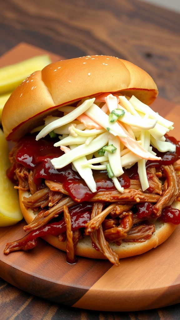 Pulled pork sandwich with barbecue sauce and coleslaw on a wooden table.